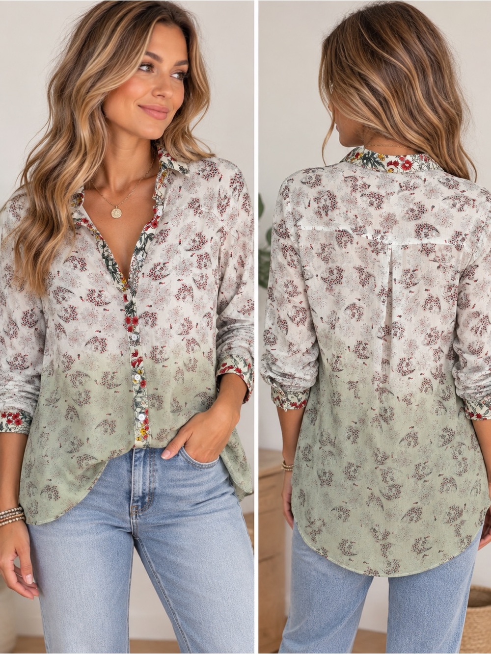 POL Floral Button Down Blouse Sage Green Ombré Size Large
